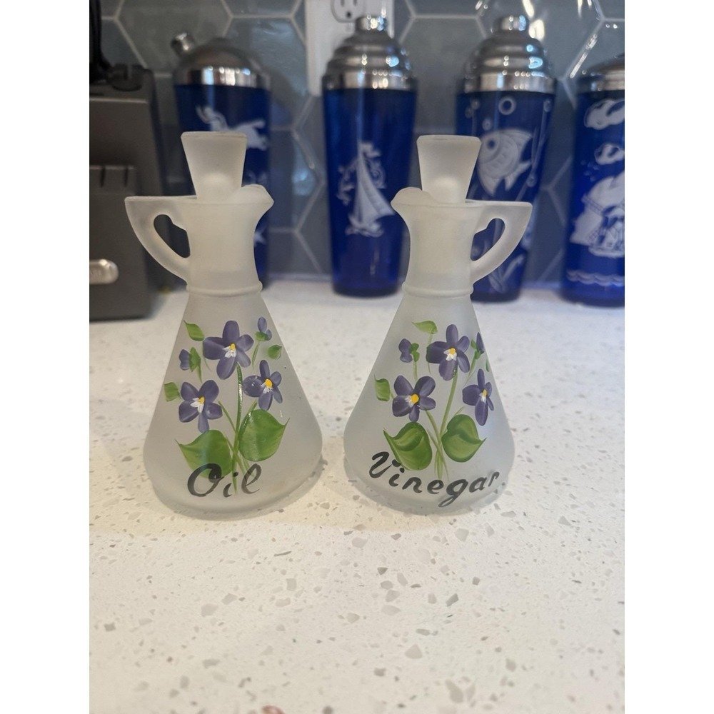 Hazel Atlas Frosted Satin Oil And Vinegar Cruet 5 3/4" Hand Painted Mid Century